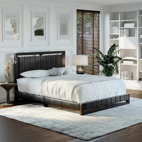 Vista 15 de Beaumont - Cama de plataforma tapizada con cabecero, base de colchón con 14 soportes de listones de madera, no requiere somier, piel sintética