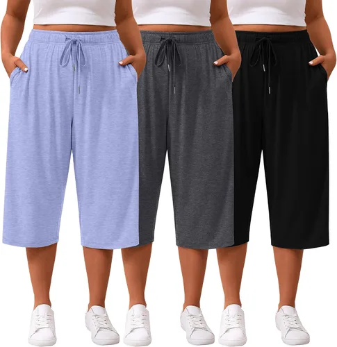 Vista 14 de Paquete de 3 pantalones capri de talla grande para mujer, ajuste holgado, pierna ancha, pantalones recortados para yoga, descanso, entrenamiento