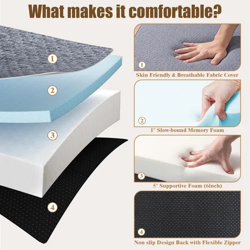 Vista 3 de Colchón triple tamaño Queen de 6 pulgadas, colchón plegable de espuma viscoelástica, parte inferior antideslizante, funda lavable con asas, cojín