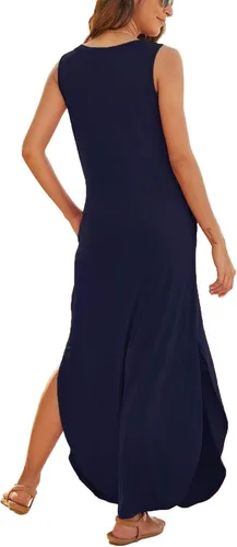 Vista 3 de Hount Vestido de verano casual sin mangas para mujer, largo, dividido, maxi con bolsillos