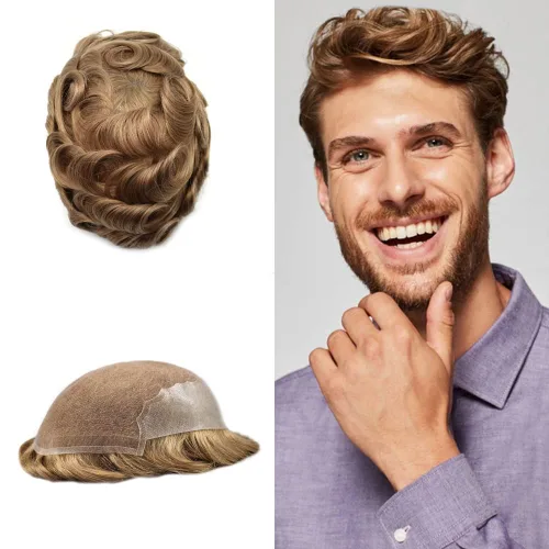Vista 25 de Pieza de cabello para hombres suizo frente encaje frontal tupé europeo Remy sistema de reemplazo de cabello humano nudo blanqueado línea capilar