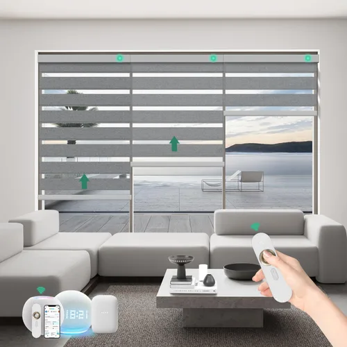 Vista 16 de Persianas motorizadas de cebra con control remoto, funcionan con HomeKit Alexa, cortinas eléctricas automáticas para ventanas, 60% opacas, filtro