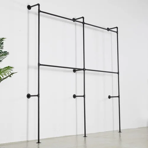 Vista 6 de Perchero industrial para ropa de tubería resistente, doble barra de armario, barras de ropa para colgar ropa, montaje en la pared, sistema