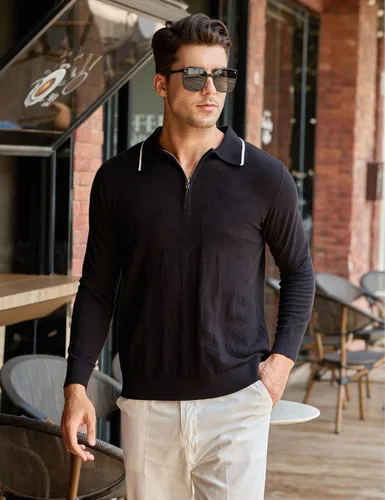 Vista 2 de uideazone Polo de punto para hombre, de manga larga, con cremallera, estilo vintage, ajustado