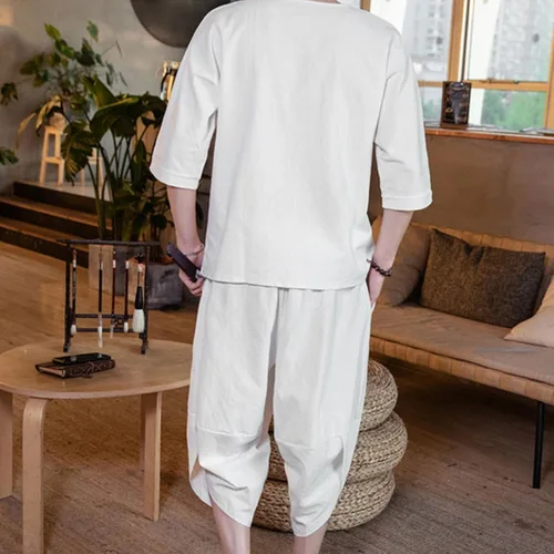 Vista 4 de Conjunto de 2 piezas de pantalones cortos de algodón y lino, conjuntos de chándal de manga corta con cuello en V y pantalones largos, ropa de playa