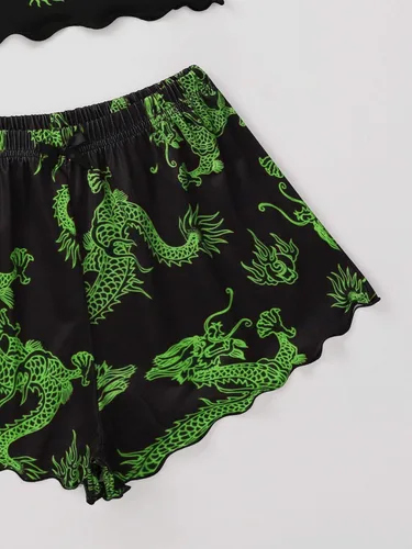 Vista 4 de WDIRARA Conjunto de pijama para mujer con bonito estampado de lechuga y pantalones cortos