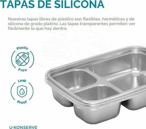 Vista 3 de U Konserve - Contenedor rectangular de acero inoxidable dividido de 3 secciones para almacenamiento de alimentos, tapa de silicona a prueba
