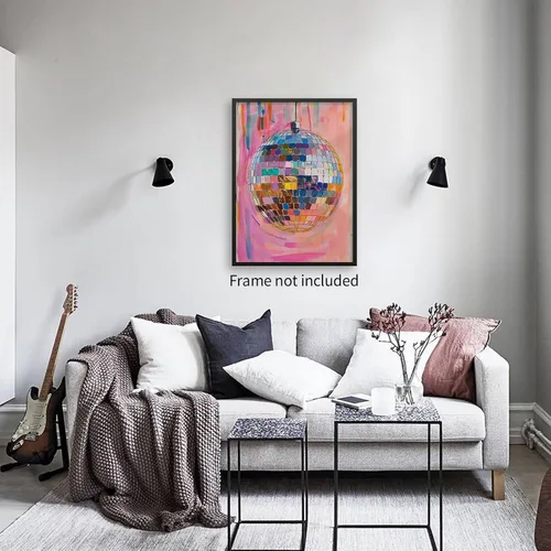 Vista 7 de Sufeasdf Pósteres retro de bola de discoteca rosa, genial Y2k, arte de pared, pintura de bolas de discoteca rosa y naranja, impresiones