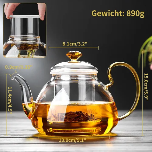 Vista 3 de Tetera de vidrio de gran capacidad con infusor extraíble, apta para estufa, vidrio de borosilicato grueso resistente al calor, 46 onzas líquidas