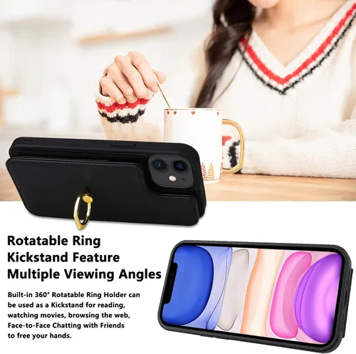 Vista 6 de Funda compatible con iPhone 11 con tarjetero y soporte para tarjetas, soporte de anillo de dedo de rotación de 360º, función atril, protección RFID
