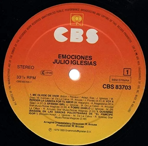 Vista 2 de Julio Iglesias - Emociones - CBS - CBS 83703, CBS - 83703