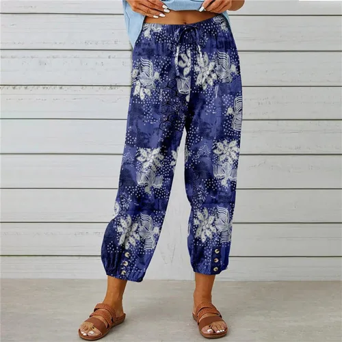 Vista 4 de DUOWEI Pantalones casuales relajados para mujer, pantalones capri de cintura alta con cordón y bolsillos, pantalones cortos de pierna ancha
