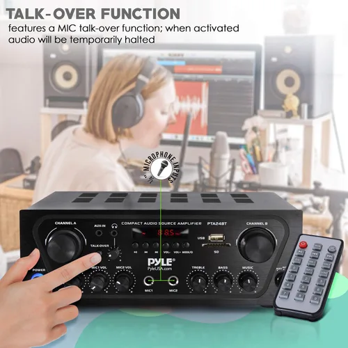 Vista 4 de Pyle - Amplificador de potencia de sonido doméstico para karaoke mejorado con entrada auxiliar, bluetooth, USB, 2 entrada de micrófono con eco