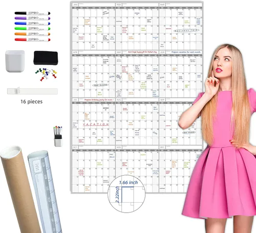 Vista 10 de Calendario de pared de borrado en seco, 38 x 26 pulgadas, calendario anual sin fecha en blanco, planificador laminado de alta calidad, calendario