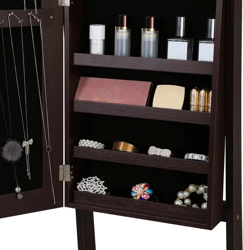 Vista 8 de SONGMICS - Armario gabinete de joyería con espejo espejo grande de pie de cuerpo completo organizador de joyas con cerradura color marrón UJJC69BR