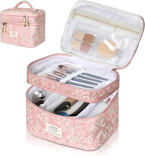 Vista 8 de Juego de bolsas de maquillaje, bolsa de maquillaje acolchada, bolsa grande para cosméticos florales para mujer, bonitas bolsas de maquillaje