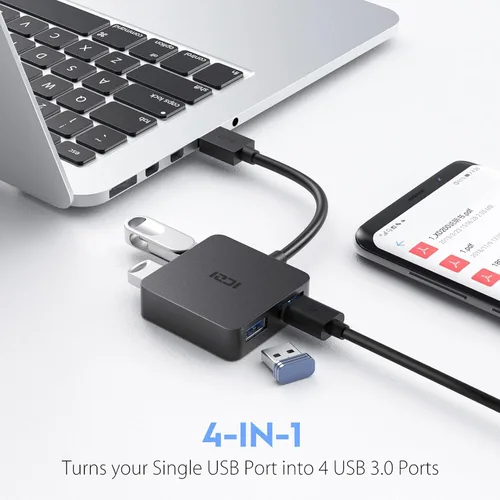 Vista 2 de ICZI central de USB con 4 puertos USB 3.0, central de datos para Mac, Windows y otras laptops., Negro