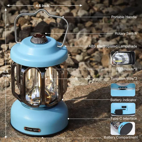 Vista 8 de Linternas LED recargables para campamento, luces vintage para acampar, funcionan con pilas, luces portátiles retro de metal para senderismo