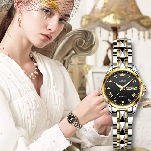 Vista 6 de OLEVS Reloj de pulsera mecánico de cuerda automática para mujer, de marca suiza, vestido de cristal de zafiro, impermeable, para mujer