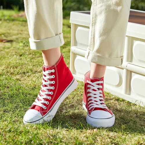 Vista 7 de Tenis de lona de caña alta con cordones para mujer, estilo informal, ideales para caminar