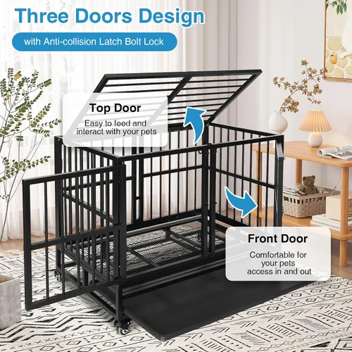 Vista 2 de Jaula indestructible para perros de 37 pulgadas con panel divisor extraíble, jaula resistente para mascotas para dos perros con ruedas de bandeja