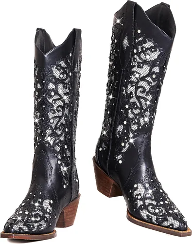 Vista 7 de SaraIris Botas vaqueras para mujer, botas vaqueras, botas occidentales, tacón grueso, punta puntiaguda, con diamantes de imitación bordados, botas