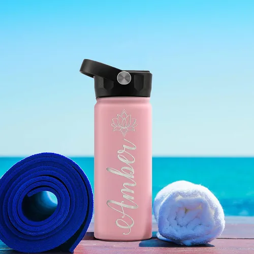 Vista 8 de Botella de agua para niños, botella de agua personalizada con tapa de popote y nombre grabado, 18 onzas, 20 iconos, 20 fuentes, 8 colores, regalos