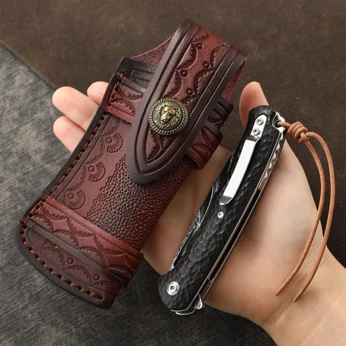 Vista 7 de Omesio Funda de cuchillo de bolsillo grande (L), 5.28 pulgadas (para cuchillo de <5.28 in) Fundas de cuero para cinturón, funda horizontal
