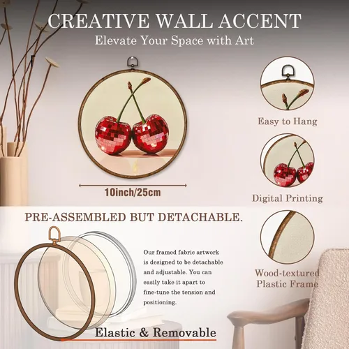Vista 3 de Voxitura Arte de pared de frutas de cereza disco con marco redondo, decoración de pared preppy lienzo femenino para habitación de cocina, pinturas