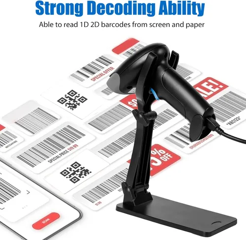 Vista 3 de Escáner de código QR con soporte plegable, escáner de código de barras 1D 2D 2.4G conexión inalámbrica y USB con cable, lector de código de barras