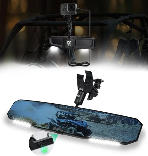 Vista 9 de Xprite Espejo retrovisor UTV de 13 pulgadas, espejo central SXS UTV con luces interiores, abrazadera de aluminio ajustable para montaje de 1.5 a 2