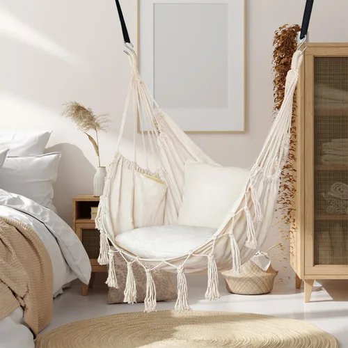 Vista 2 de Halalona Silla hamaca colgante de cuerda con 2 cojines y kits de herramientas, resistente y duradero, suave algodón tejido a mano, silla colgante