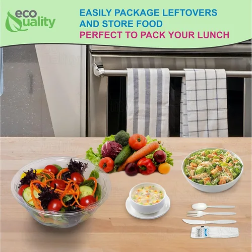 Vista 6 de Cuencos para ensalada de 32 onzas con tapas y cubiertos (300 unidades) – Recipientes de ensalada desechables de plástico transparente Para
