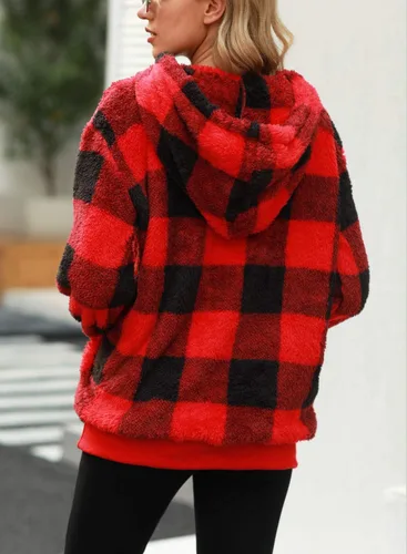 Vista 5 de Nirovien - Sudadera con capucha para mujer, sherpa, sin botones, de gran tamaño, mullida, de vellón doble, abrigada, suave, a cuadros