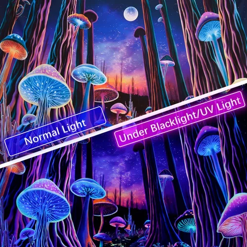 Vista 4 de Tushelia Tapiz de árbol de bosque de luz negra, tapiz de hongos de neón de fantasía, tapiz espacial reactivo a los rayos UV, tapiz espacial