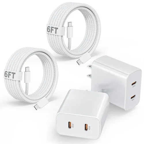 Vista 9 de Cargador súper rápido USB C de 45 W, paquete de 2 bloques de carga dual USB C para iPhone con cable trenzado tipo C a C de 3.3 pies de carga rápida