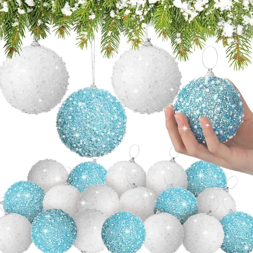 Vista 19 de Lyrow 24 piezas 3.15" Juego de adornos de bola de Navidad con purpurina, bola de espuma con lentejuelas colgante, decorativa, en masa, para árbol