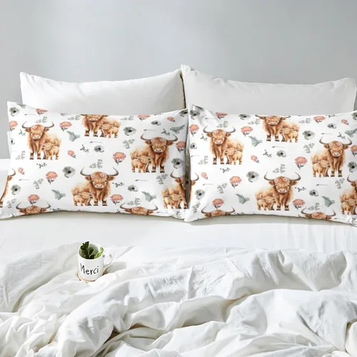 Vista 4 de Feelyou Highland Cattle - Juego de funda de edredón de vacas, flores y hojas, 1 funda de edredón y 1 funda de almohada, tamaño individual