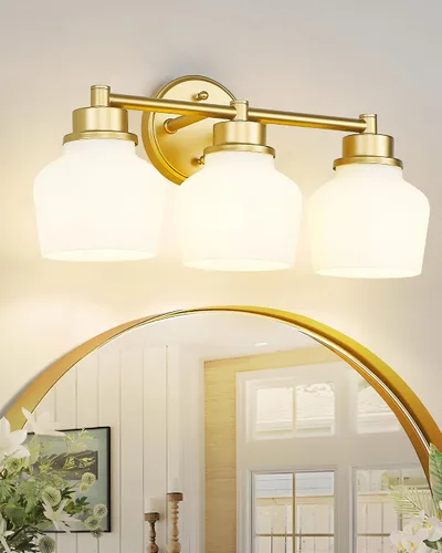 Vista 7 de Lámpara de tocador dorada Emak con pantalla de vidrio lechoso, accesorios modernos de iluminación de baño sobre espejo, 3 luces de tocador de baño