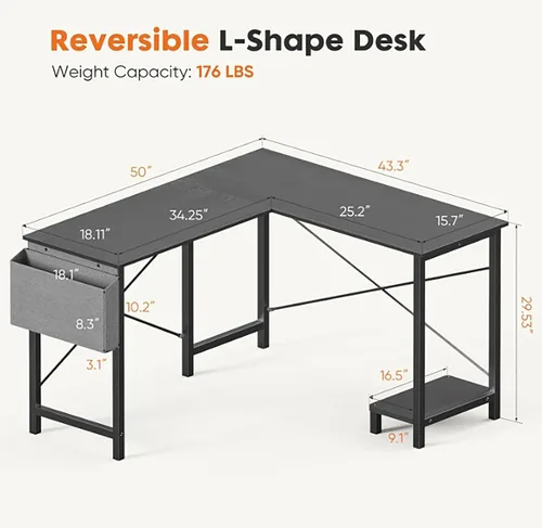 Vista 3 de Escritorio en forma de L, escritorio esquinero para computadora, marco de metal resistente, soporte para CPU, bolsa lateral reversible para oficina