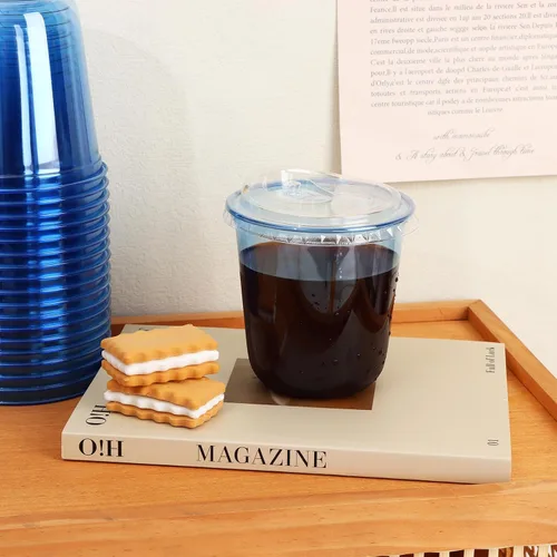 Vista 4 de 100 juegos de vasos desechables sin tallo con tapas sin pajita, vasos de plástico PET, vasos de café transparentes para café helado, batidos Azul