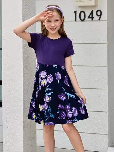 Vista 5 de GORLYA Vestido de fiesta de manga corta con estampado floral para niñas de 4 a 12 años