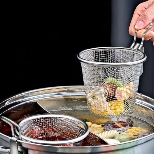 Vista 2 de Vctitil Cesta para freír de acero inoxidable, malla de alambre fino, colador de alimentos, pequeña sartén caliente, filtro de tamiz para albóndigas