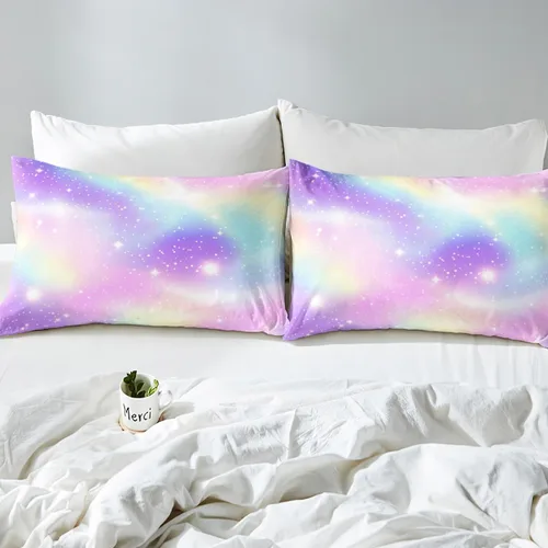 Vista 6 de Juego de sábana bajera ajustable de teñido anudado para niñas, juego de ropa de cama con diseño de arco iris degradado de arcoíris, lindo juego