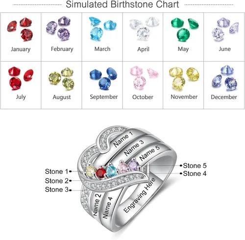 Vista 2 de Anillo personalizado con piedra natal de la madre, anillos grabados personalizados para mujeres con 1-6 piedras de nacimiento y nombres, regalo
