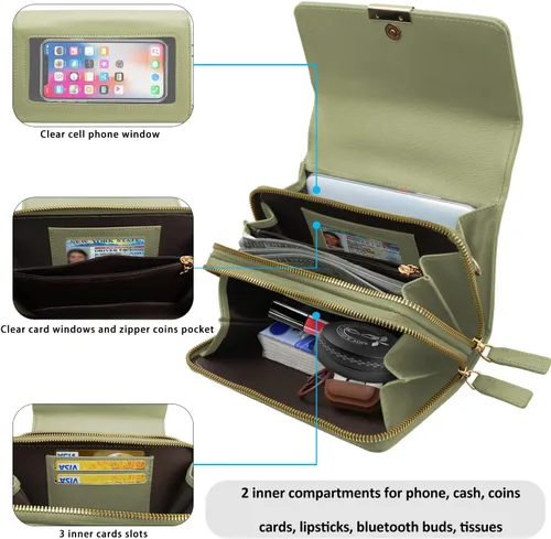 Vista 4 de CrossBody Bolsas con pantalla táctil para teléfono celular, bolsillo con cremallera, bloqueo RFID, tarjetero para iPhone para mujer