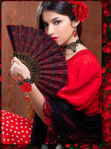 Vista 2 de BBTO 5 piezas de Halloween Rose Flamenco Mujer Accesorios Niña Rosa Flor Pinza para el pelo, Abanico Plegable de Tela de Lentejuelas, Gargantilla