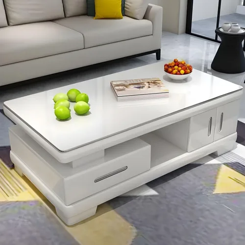 Vista 3 de RUNNUP Mesa de centro rectangular moderna de vidrio con base de madera blanca y almacenamiento de 2 niveles, mesa central de sofá para sala de Beige