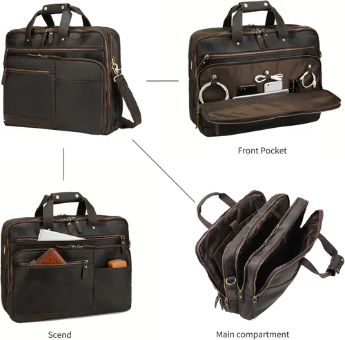 Vista 5 de Bolso de mensajero de cuero para hombre, maletín para portátil de cuero de grano completo vintage de 17.3 pulgadas