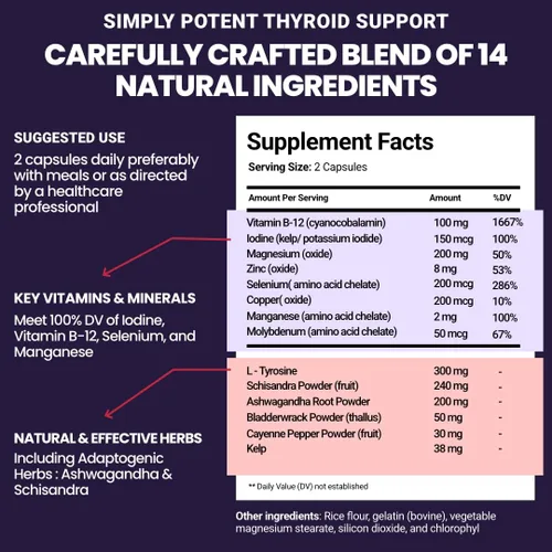 Vista 4 de Simply Potent Suplemento de apoyo tiroideo y apoyo suprarrenal 2 en 1 fórmula natural con yodo y ashwagandha para energía, metabolismo, enfoque